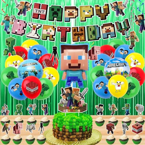 Pobusolt Minecraft Birthday Party Decorations Set Include Banner Backdrop Balloons Hanging Swirls Cake Cupcake Toppers for Boys Girls Minecraft Party Decorations