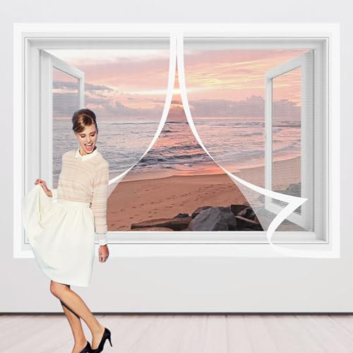 Insektenschutz für Fenster 94 x 140 cm Insektenschutz Atmungsaktiver Masche Fliegengitter Ohne Bohren Kinderleichte Klebemontage für Schiebefenster Dachfenster, Weiß