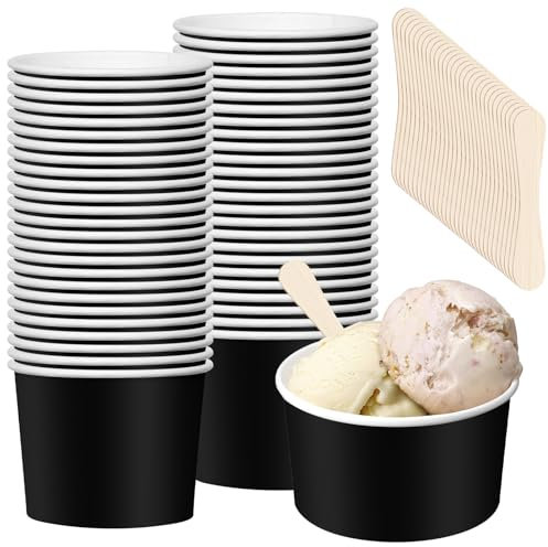 Behogan 50 Stück Umweltfreundliche Universal Karton Eisbecher, 240ml Eisbecher aus Papier mit 50 Stück Löffel, Dessertbecher Pappe, Kompostierbare Becher, Papier-Snackbecher für EIS, Joghurt, Schwarz