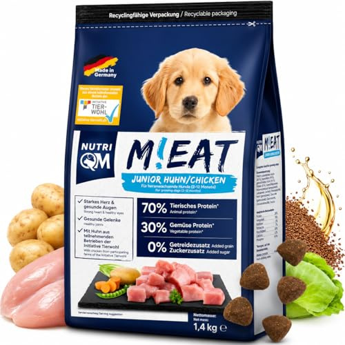 NutriQM® M!EAT Welpen Trockenfutter | Getreidefrei | 14 kg (10×1,4 kg) | Hundefutter trocken mit Fischöl & Hühnerfleisch | Junior Trockenfutter Hund ohne Zucker & Zusatzstoffe | Made in Germany