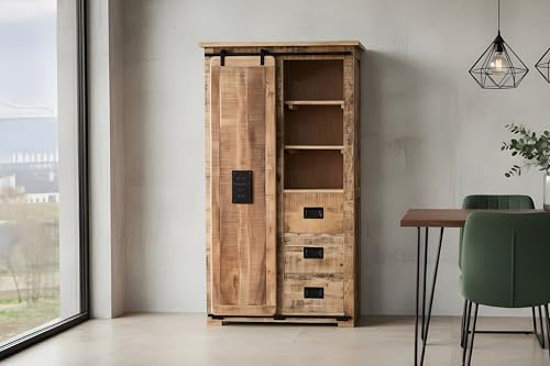 SAM Highboard Libro V, Mangoholz massiv + Rough Hochschrank mit Holzschiebetür, 3 Schubladen & 7 offenen Fächern, Türelemente, Griffe & Reling aus Eisen, 100 x 175 x 45 cm