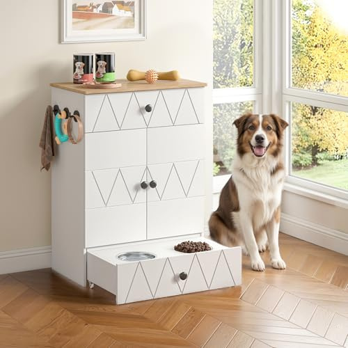 Pet Feeding Station with Storage, Dog Food Storage Cabinet with 2 Raised Dog Bowls, Dogs Feeding Station with 2 Drawers, Adjustable Shelf and 3 Hooks, for Feeding & Watering Supplies (White)