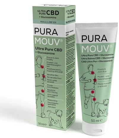 PuraMouv CBD Creme 50ml für Muskeln & Gelenke – Cannabis Hanfsalbe Stark | Mit Glucosamin, 0,0% THC, Wärmender Pflegebalsam, Entzündungshemmende Salbe, Dermatologisch Getestet