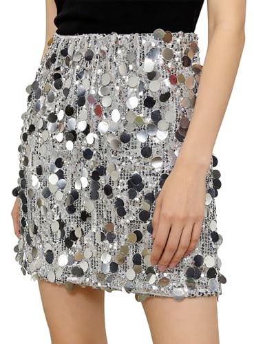 Glitzer Rock Kurz, A-Linie Hüftrock Glitzernder, Glitzer Rock Damen, Paillettenbesetzter Midirock für Damen, mit Gefüttertem Gummibund und verdecktem Seitenreißverschluss, für Karneval Party Rock (L)