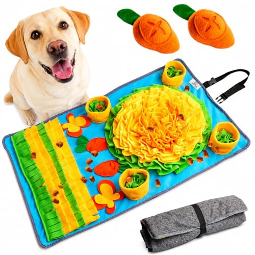 Grand tapis de fouille chien antidérapant avec fixation - 2 Jouets inclus | Grande taille 78 × 48 cm, Nombreuses cachettes, Lavable à 30°, Facile à rouler et à transporter, Stimulation mentale efficace