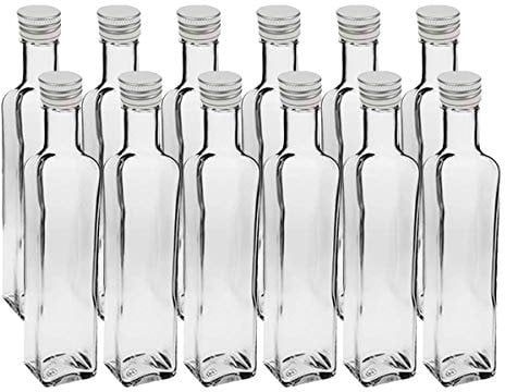 12 leere Glasflaschen Maraska 500 ml incl. Schraubverschluss, Eckig, zum selbst Abfüllen Likörflasche Schnapsflasche Silber Vitrea Rezeptheft
