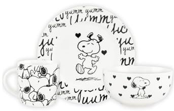 United Labels Snoopy Frühstücksset Kinder, Snoopy yumm, Geschirr Set Porzellan, 3-teilig mit Teller, Schale und Tasse, spülmaschinenfest und mikrowellengeeignet