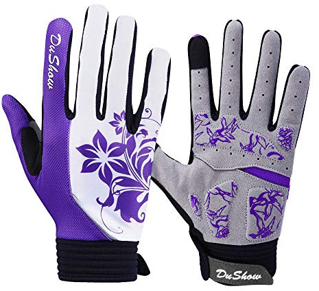 DuShow Cycling Gloves Women Full Finger Mountain Bike Riding Biking Gloves for Women Touchscreen Gel Padded Bicycle Gloves Motorcycle Cycle Gym Sport Workout Training Outdoor Gloves(Purple Floral,L)
