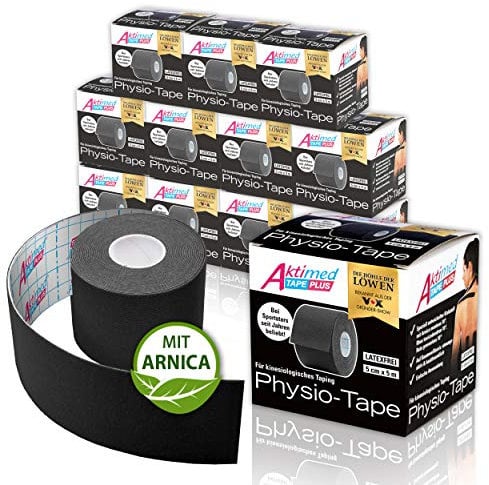 AKTIMED Tape PLUS Kinesiologie Tape – Sporttape mit pflanzlichem Extrakt Arnica D6* – patentiertes Physiotape Dermatest „sehr gut“ – Kinesiologie Tapes elastisch & wasserfest [schwarz]