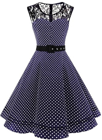 AXOE Damen 50er Jahre Kleid A-Linie mit Spitze & Gürtel | Baumwolle, Vintage Rockabilly Stil, Ärmellos, Knielang, Größen S-4XL, für Hochzeit, Cocktail, Gartenparty, Festlich & Büro