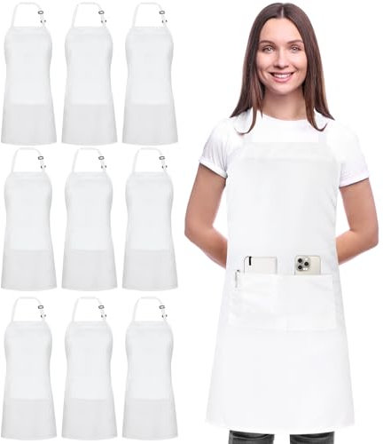 Utopia Kitchen Verstellbare Latzschürze (10er-Pack) Chef Kochen Küche Männer Frauen Kellnerin Server Arbeitsschürzen mit Taschen, weiß, 10 Stück
