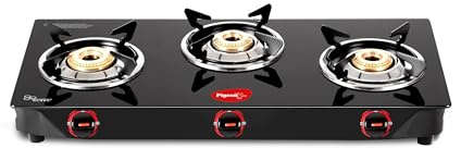 Pigeon Stovekraft Aster Réchaud à gaz 3 brûleurs avec brûleur en laiton haute puissance Table de cuisson à gaz avec dessus en verre et corps revêtu de poudre – Noir