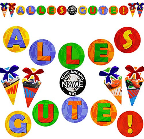 4 Stück je 2,8 m - XL Girlanden/Wimpel - Alles Gute zum Schulanfang/Cars - Auto - Lightning McQueen - inkl. Name - Schuleinführung/Schule - Kinder/P..