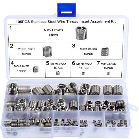WiMas 105 Pièces Filets Rapportés Type Helicoil en Acier Inoxydable, Auto-taraudé Hélicoïdal, Vis d'Insertion de Filetage Assortiment Kit M3 M4 M5 M6 M8 M10 M12