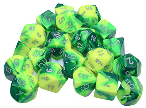 Chessex Gemini 20 Stück Polyedrische Würfel grün-gelb mit silbernen Zahlen für Dungeons und Drachen (DND), Rollenspiele, MTG, Pathfinder, Tischspiel, Brettspiele