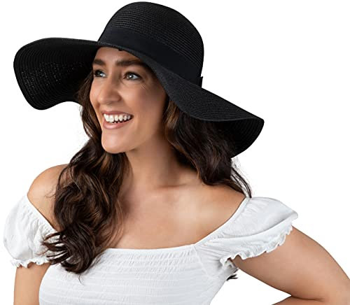Debra WEITZNER Damen-Sonnenhut mit breiter Krempe, Faltbarer aufrollbarer Strohhut mit LSF 50, Schwarz, Medium