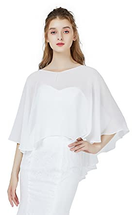 BEAUTELICATE Damen Chiffon Schal Stola V-Ausschnitt Eleganten Cape Umhang für Braut Sommer Hochzeits Festliche Abendkleid (V-Ausschnitt-Weiß, Einheitsgröße