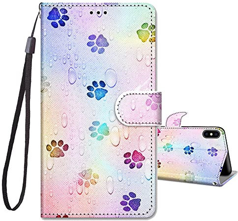 JRIANY for iPhone X/XS Case, PU Leather Wallet Case with Cute Pattern [Card Holder] [Kickstand], iPhone X Flip Case, Shockproof Cover Compatible with Apple iPhone XS/X, Footprint