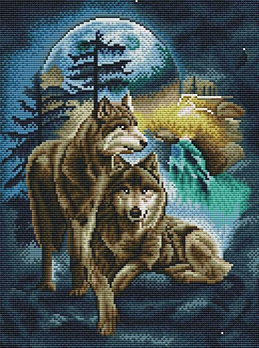 Awesocrafts Kreuzstich Stickpackungen Vorgedruckt Wolf Mond Wölfe Bilder Vorlagen Sticken Set Vorgedruckt 11CT 3 Stränge
