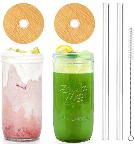 ANOTION Mason Jar with Lid and Straw, 24oz Wide Mouth Cup Reusable Drinking Glasses Tumbler Smoothie Water Bottles for Iced Coffee Margaritas Ice Cream Juice Cocktail Travel Office Home, 2 Packs