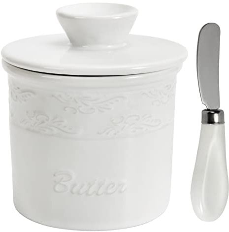 SGAOFIEE Porcelain Butter Crock, Butter Keeper Dish, French Ceramic Crock with Lid, Countertop French Ceramic Butter Dish Keeper for Spreadable Butter, White