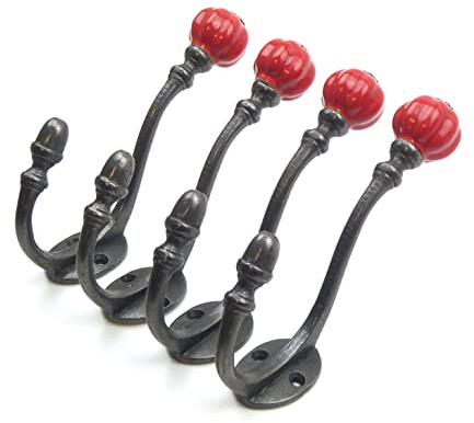 Oakcrafts - Ceramic Tipped Shabby Chic Cast Iron Coat Hook 125mm (Red) - Pack of 4 Hooks