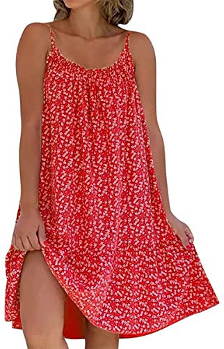 GRMLRPT Robe de Plage Femme Robe Fleurie Bohème Bretelles Spaghetti sans Manche Casual Ete Femme Mi-Longue Robe Col Rond Chic(Rouge,L)