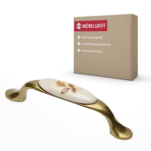 Gedotec Möbelgriff aus Porzellan und Metall | 1 Stück | Griffe für Küchenschränke inkl. Befestigungsmaterial | OLGA | Möbelgriffe Messing antik Herbstrose mit BA 96 mm | Türgriffe - Möbelgriff Vintage