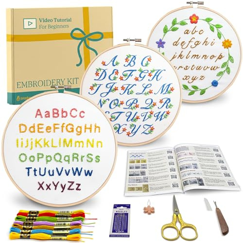 Bradove Alphabet Embroidery Kit for Beginners with Patterns | Letters Beginner Embroidery Kit with Threads Needles Scissor Fabrics Instruction Book Hoop Beads, Hobbies for Adults Women