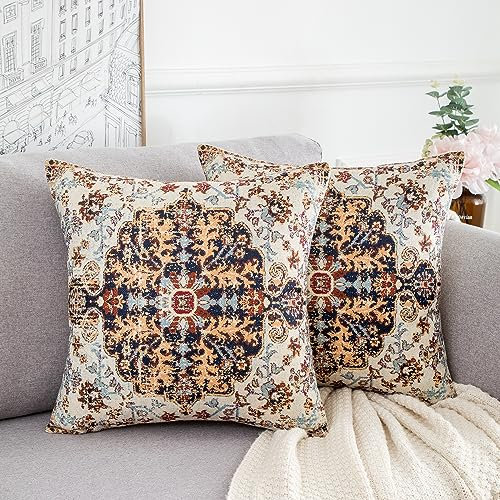 Deko Kissen Leinen Boho Kissenbezug Türkischer Teppich Ethno Muster Moderne Kissenbezüge Couchkissen Zierkissenbezüge für Sofa, Schlafzimmer, Outdoor, Zuhause, Büro, Braunem,45 x 45 cm, 2er-Set