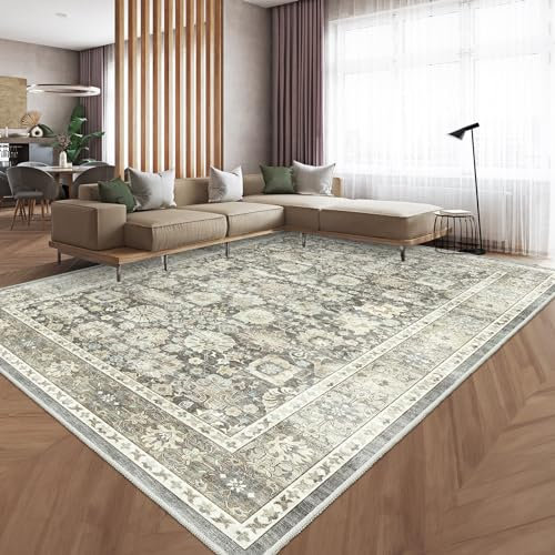HOMFINE Grau Vintage Teppich Wohnzimmer 200x300 cm Waschbarer Kurzflor Boho Teppiche Weich rutschfest Groß Retro Rugs for Living Room Carpet for Schlafzimmer Esszimmer Küche