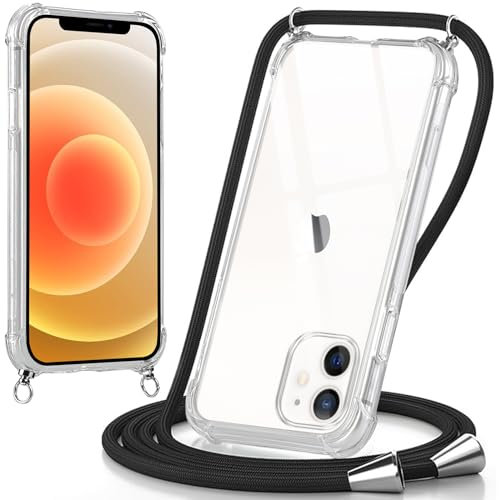 Oelrstfe handyband Hülle mit Band für iPhone 12/iPhone 12 Pro, Handyband zum Umhängen Handy Umhängeband Transparent TPU Stoßfest Silikon Handyhülle mit Kette für iPhone 12, Schwarz