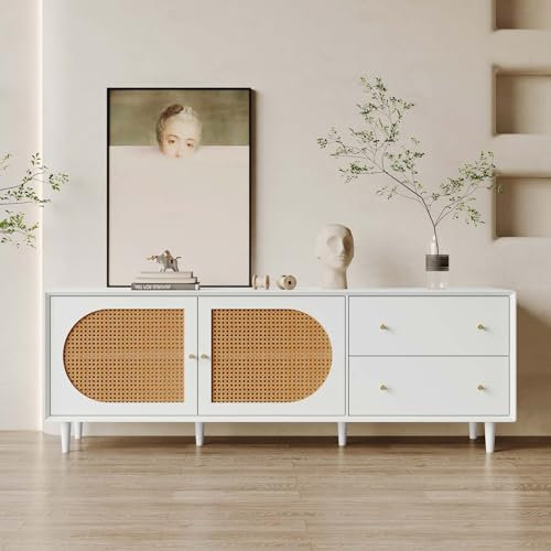 KOMHTOM Armoire TV en rotin blanc - Commode avec deux portes et deux tiroirs - Armoire polyvalente pour salon, chambre à coucher (D)