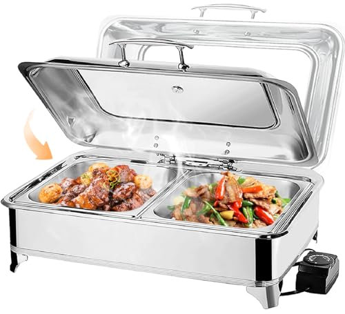 VFDZ Chafing Dish Elektrisch 9L, Catering Warmhaltebehälter Edelstahl, Rechteckiger Chafing Dish Set Speisenwärmer mit Sichtbarem Glasdeckel (2pans)