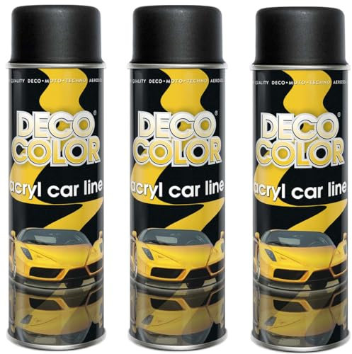Deco Color 3er Sparpack ACRYL CAR LINE SCHWARZ MATT RAL 9005 in 500ml - Lackspray für z.B. KFZ, Auto, Motorrad, Alufelgen, Stahlfelgen uvm. (3 Dosen 500ml Schwarz MATT)
