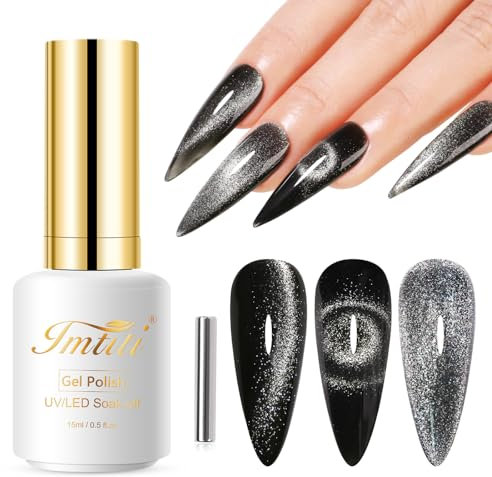 Imtiti Cat Eye Gel Nail Polish, 15ML Black Holographic Glitter Cat Eye Gel Polish with Magnet UV LED Magnetic Gel Nail Polish Crystal Galaxy Sparkly Home DIY Manicure Nail Salon Kit