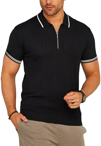 Soulstar Herren Strick Poloshirt Kurzarm Gerippt T-Shirt Polo-Hemd Knit Oberteil mit Zipper-Kragen Kontraststreifen