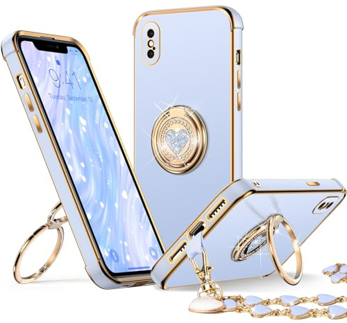 XYZ for iPhone Xs Max Case with Stand, Phone Case with Double Ring Kickstand, Women Girl Cute Love-Heart Luxury Bling Protective Case Heart for iPhone Xs Max(6.5 inch), Blue