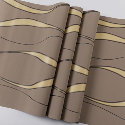 Baketron Brown Wallpaper Gold Glitter Textured 3D Effect Embossed Wallpapers Taupe Wave Stripes Wall Paper Roll Modern Feature for Living Room Bedroom Adults Hallway Kitchen Front Room