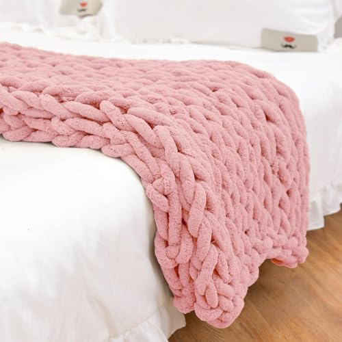 Care Spring Grob Gestrickte Decke, Queen, Handgefertigt, Weiche Chenille-Garn-Überwurfdecke Mit Zopfmuster, Gehäkelte Deko-Decken Und Überwürfe Für Sofa Bett Stuhl Couch Zuhause,Rosa,150x200cm