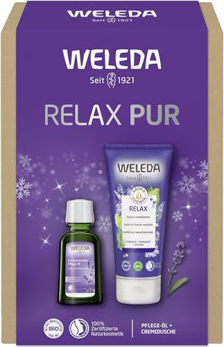 WELEDA Bio Weihnachts-Geschenkset RELAX PUR - Naturkosmetik Winter XMAS Geschenk Set bestehend aus Aroma Shower Relax Duschgel & Lavendel Körperöl/Massageöl. Unisex Körperpflege Set zu Weihnachten