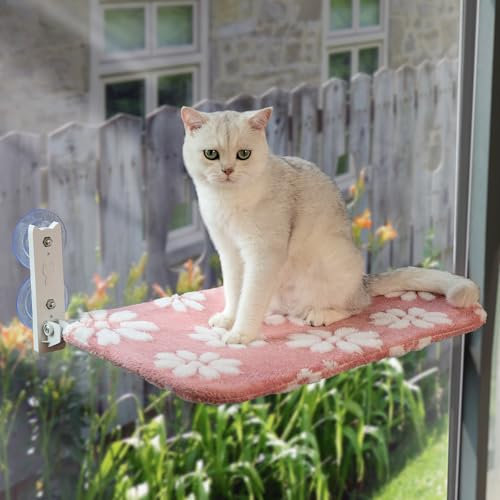 Yaning Cat Window Perch, Foldable Cat Window Hammock with Cute 3D Textured Flower Cover and Strong Suction Cups, Cordless Window Seat Bed for Indoor Cats (Pink Flower, Large)