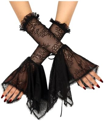keland Gothic Armstulpen Spitze Handschuhe Spitzenhandschuhe Lang Halloween Vampir Hexe Cosplay (Schwarz-006)