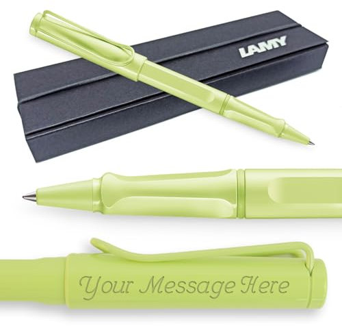 LAMY safari Tintenroller mit persönlicher Gravur Ergonomischer Griff, mittlere Strichstärke, robuster ASA-Kunststoff, inklusive blauer Mine M 63, Lieferung in Geschenkverpackung, Frühlingsgrün