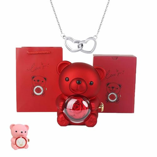 Orsacchiotto di rose conservate, regalo per donne con collana a cuore, fiori di rosa eterna, regalo per moglie, mamma, nonna, fidanzata, Natale, San Valentino, compleanno (rosso, rame)