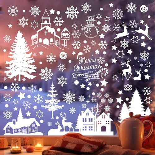 Decoración Navidad Ventanas PVC Doble Cara Pegatinas Removible Navidad Copos Nieve Stickers Papá Noel Muñeco de Nieve Alce de La Puerta Adornos Navidad Decoracion Ventana (Style2 + Style3)