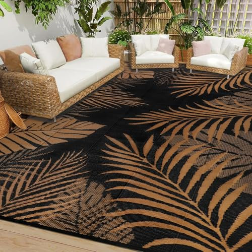 Cekene Outdoor Teppich Wetterfest Schwarz 245x305cm Outdoorteppich Camping Wasserfest UV-Beständig Terrasse Teppich Plastik Leichtgewicht Teppich für Draußen Balkon Garten