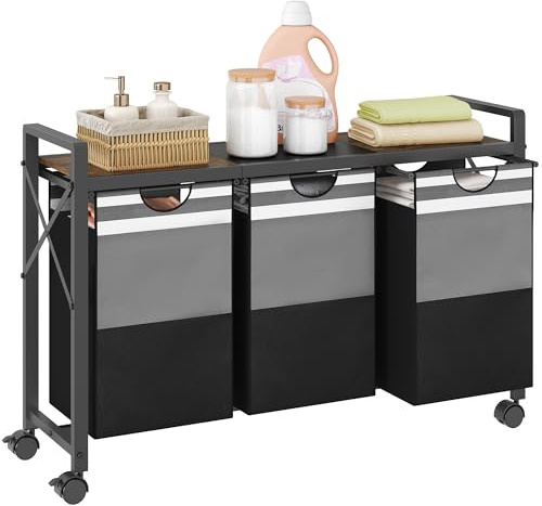 FAVOOSTY Wäschewagen 3 Fächer mit Rollen, 150L Wäschesammler mit Ablage, Wäschekorb, Abnehmbarer Wäschesack für Badezimmer, Schlafzimmer, Garderobe