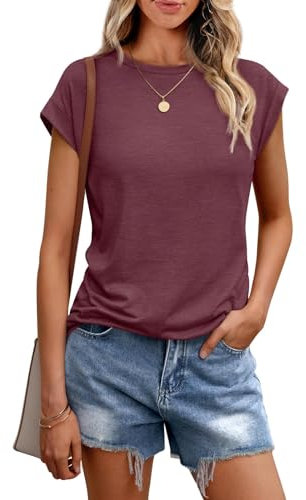 Cuptacc Tank Top Damen Sommer Rundhals Oberteile Damen Elegant Tops Cute Tshirt Basic Business Outfit Bluse WineRed Mittel M 38-40