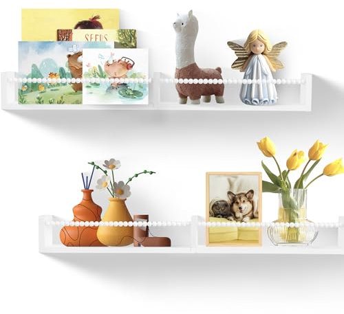 NIUBEST Wandregale für das Kinderzimmer,Kinder-Bücherregale im 2er-Set,schwebendes Bücherregal zur Aufbewahrung und Dekoration von Babybüchern und Spielzeugen mit Holzperlenstange,81,5 cm (Weiß)